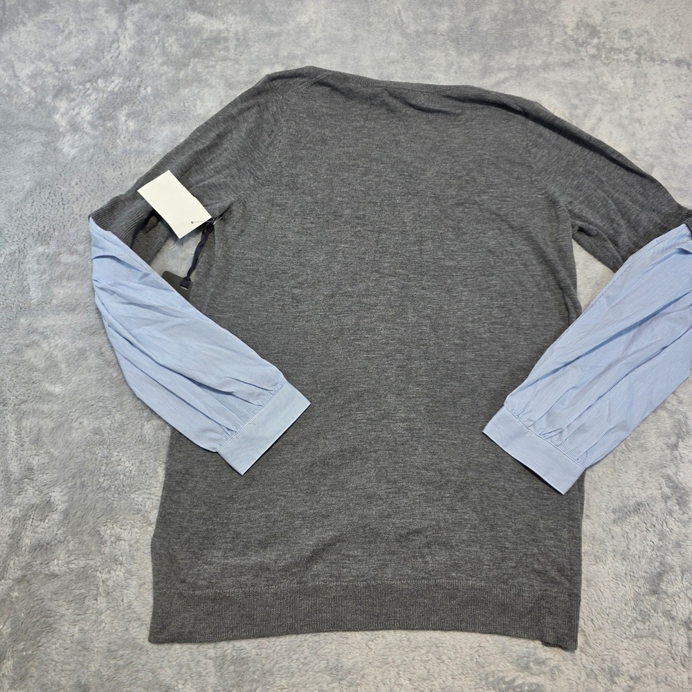 Trouve Women XS Grey Layered Mixed Media V-Neck Sweater Blue Striped Sleeves NWT - Picture 7 of 7